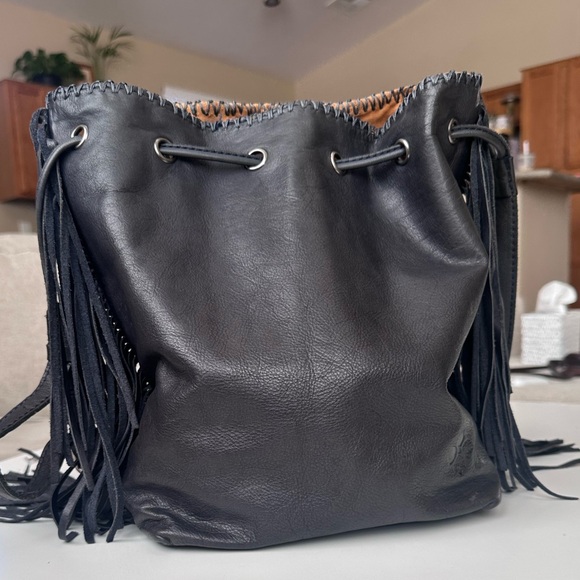 Patricia Nash Nicoletta Fringe Bucket Bag – Black Italian Leather - Picture 2 of 8
